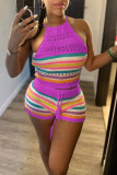 Grey Sexy Casual Stripe Backless Belted Contrast Halter Sleeveless Two Pieces