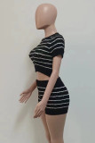 Rose Red Casual Striped Patchwork O Neck Short Sleeve Two Pieces