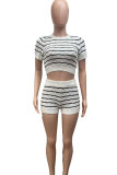 Rose Red Casual Striped Patchwork O Neck Short Sleeve Two Pieces
