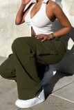 Army Green Casual Solid Color Pocket Patchwork Straight Mid Waist Conventional Solid Color Trousers