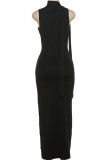 Black Celebrities Solid Color Hollow Out Patchwork O Neck Long Dresses