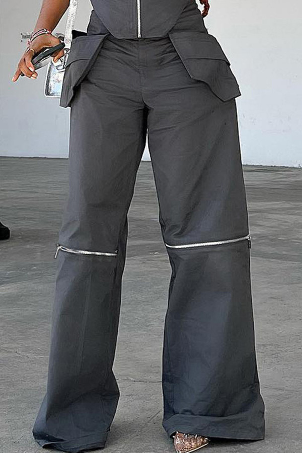 Grey Street Solid Color Pocket Patchwork Zipper Loose Mid Waist Wide Leg Patchwork Bottoms