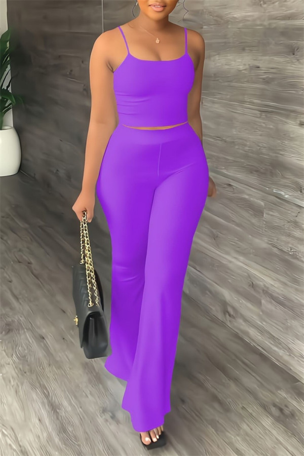 Purple Sexy Casual Solid Color Backless Spaghetti Strap Sleeveless Two Pieces