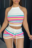 Grey Sexy Casual Stripe Backless Belted Contrast Halter Sleeveless Two Pieces