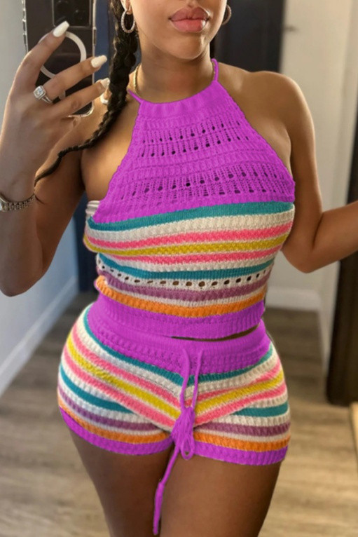 Purple Sexy Casual Stripe Backless Belted Contrast Halter Sleeveless Two Pieces