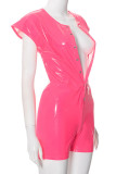 Black Street Solid Color Buckle Patchwork O Neck Skinny Rompers