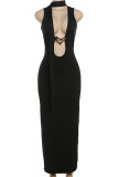 Black Celebrities Solid Color Hollow Out Patchwork O Neck Long Dresses
