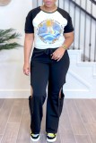 Pink Casual Print Hollow Out Patchwork O Neck Short Sleeve Two Pieces