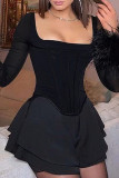 Black Sexy Solid Color Patchwork Backless Square Neck A Line Dresses