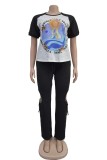 Pink Casual Print Hollow Out Patchwork O Neck Short Sleeve Two Pieces