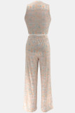 Pink Casual Print Basic O Neck Sleeveless Two Pieces