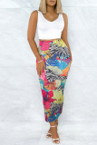 Turquoise Casual Floral Print Slit Skinny High Waist Conventional Full Print Skirts