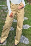 Khaki Casual Solid Color Pocket Straight Mid Waist Straight Solid Color Trousers