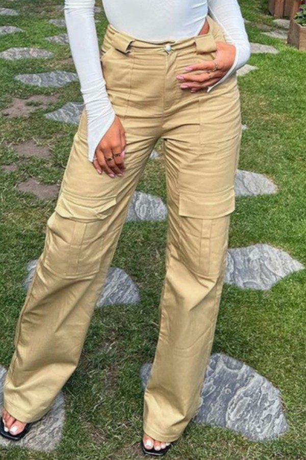 Khaki Casual Solid Color Pocket Straight Mid Waist Straight Solid Color Trousers