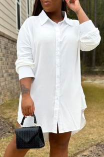 White Casual Solid Color Slit Turndown Collar Shirt Plus Size Dresses