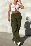 Army Green Casual Solid Color Pocket Patchwork Straight Mid Waist Conventional Solid Color Trousers