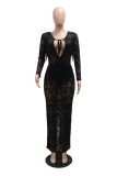 Black Sexy Solid Color Fringed Trim See-Through Belted V Neck Long Dresses
