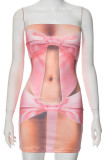 Pink Sexy Print Patchwork Backless Strapless Wrapped Skirt Dresses
