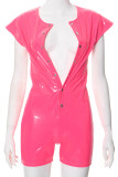 Black Street Solid Color Buckle Patchwork O Neck Skinny Rompers