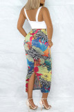 Turquoise Casual Floral Print Slit Skinny High Waist Conventional Full Print Skirts