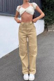 Khaki Casual Solid Color Pocket Straight Mid Waist Straight Solid Color Trousers