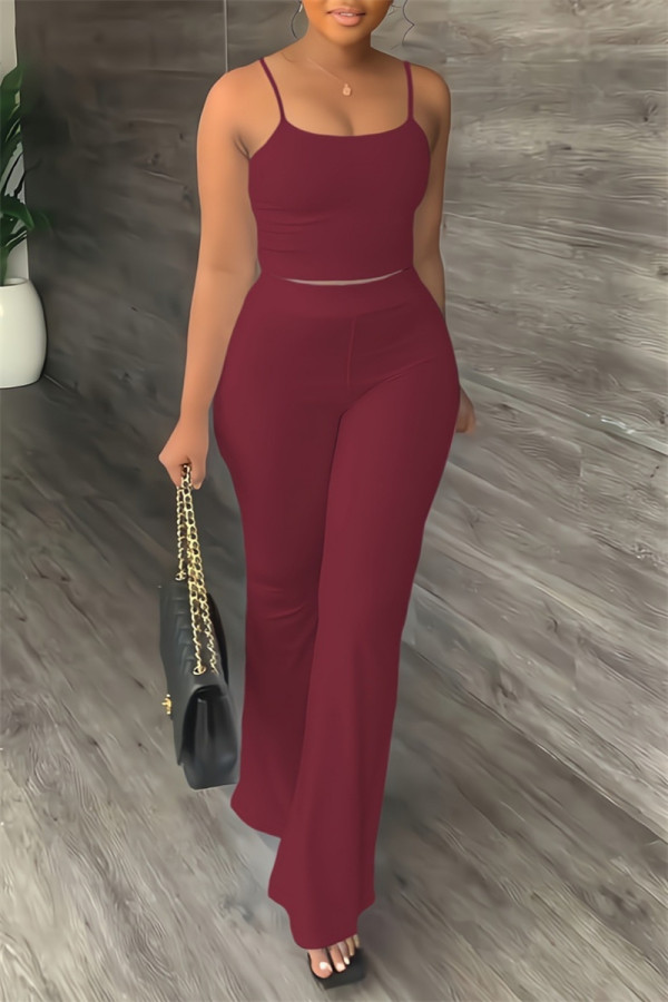 Burgundy Sexy Casual Solid Color Backless Spaghetti Strap Sleeveless Two Pieces