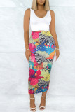 Turquoise Casual Floral Print Slit Skinny High Waist Conventional Full Print Skirts