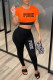 Orange Casual Street Letter Print Contrast O Neck Short Sleeve Two Pieces