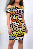 Colour Casual Geometric Print Graffiti Print Contrast O Neck Printed Dresses