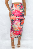 Turquoise Casual Floral Print Slit Skinny High Waist Conventional Full Print Skirts