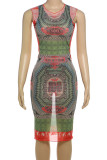 Green Sexy Print Patchwork O Neck Wrapped Skirt Dresses