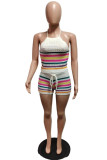 Grey Sexy Casual Stripe Backless Belted Contrast Halter Sleeveless Two Pieces