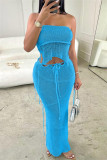 Light Blue Sexy Solid Color Backless Belted Strapless Sleeveless Two Pieces