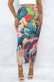Turquoise Casual Floral Print Slit Skinny High Waist Conventional Full Print Skirts
