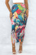 Turquoise Casual Floral Print Slit Skinny High Waist Conventional Full Print Skirts