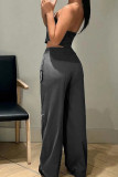 Grey Street Solid Color Pocket Patchwork Zipper Loose Mid Waist Wide Leg Patchwork Bottoms