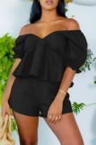 Yellow Casual Solid Color Patchwork Off Shoulder Short Sleeve Two Pieces
