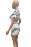Rose Red Casual Striped Patchwork O Neck Short Sleeve Two Pieces