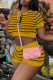 Yellow Casual Striped Patchwork O Neck Short Sleeve Two Pieces