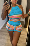 Grey Sexy Casual Stripe Backless Belted Contrast Halter Sleeveless Two Pieces