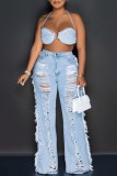 Sky Blue Sexy Casual Solid Color Ripped Backless Belted Halter Sleeveless Two Pieces