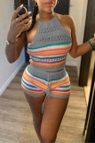 Grey Sexy Casual Stripe Backless Belted Contrast Halter Sleeveless Two Pieces