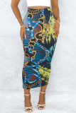 Turquoise Casual Floral Print Slit Skinny High Waist Conventional Full Print Skirts