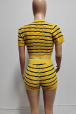 Rose Red Casual Striped Patchwork O Neck Short Sleeve Two Pieces