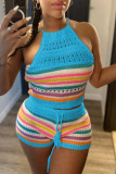 Grey Sexy Casual Stripe Backless Belted Contrast Halter Sleeveless Two Pieces