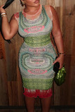 Green Sexy Print Patchwork O Neck Wrapped Skirt Dresses