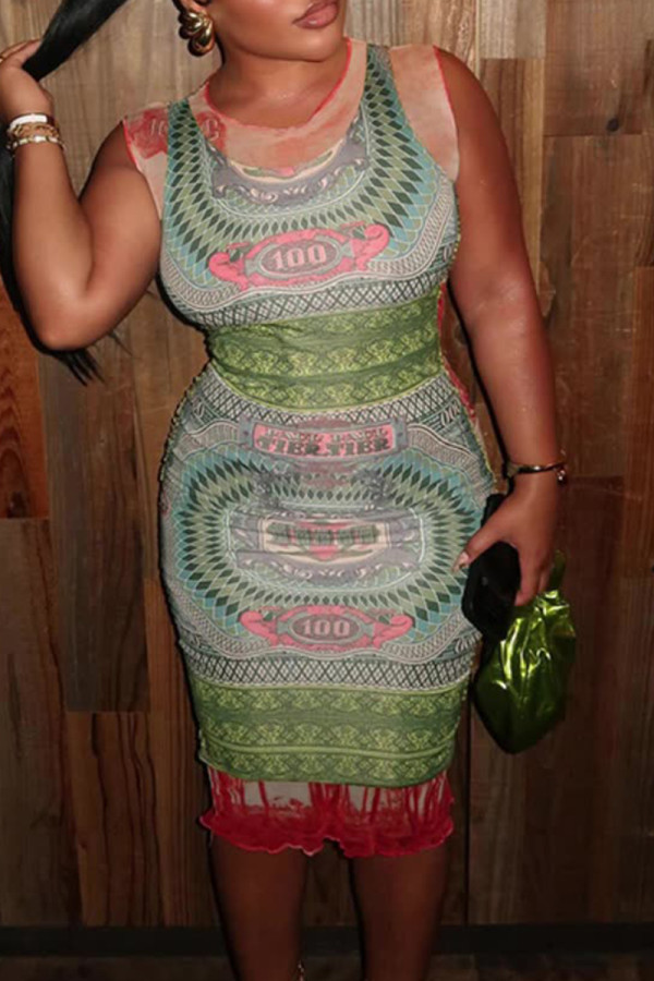 Green Sexy Print Patchwork O Neck Wrapped Skirt Dresses