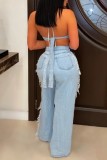 Sky Blue Sexy Casual Solid Color Ripped Backless Belted Halter Sleeveless Two Pieces