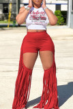 Red Casual Solid Color Fringed Trim Hollow Out Patchwork Skinny Mid Waist Patchwork Bottoms