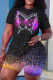 Black Casual Print Basic O Neck Short Sleeve Two Pieces